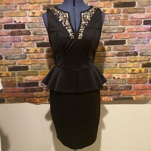 Little Black Dress Fitted with Peplum, Big Rhinestone Dinner Date Professional